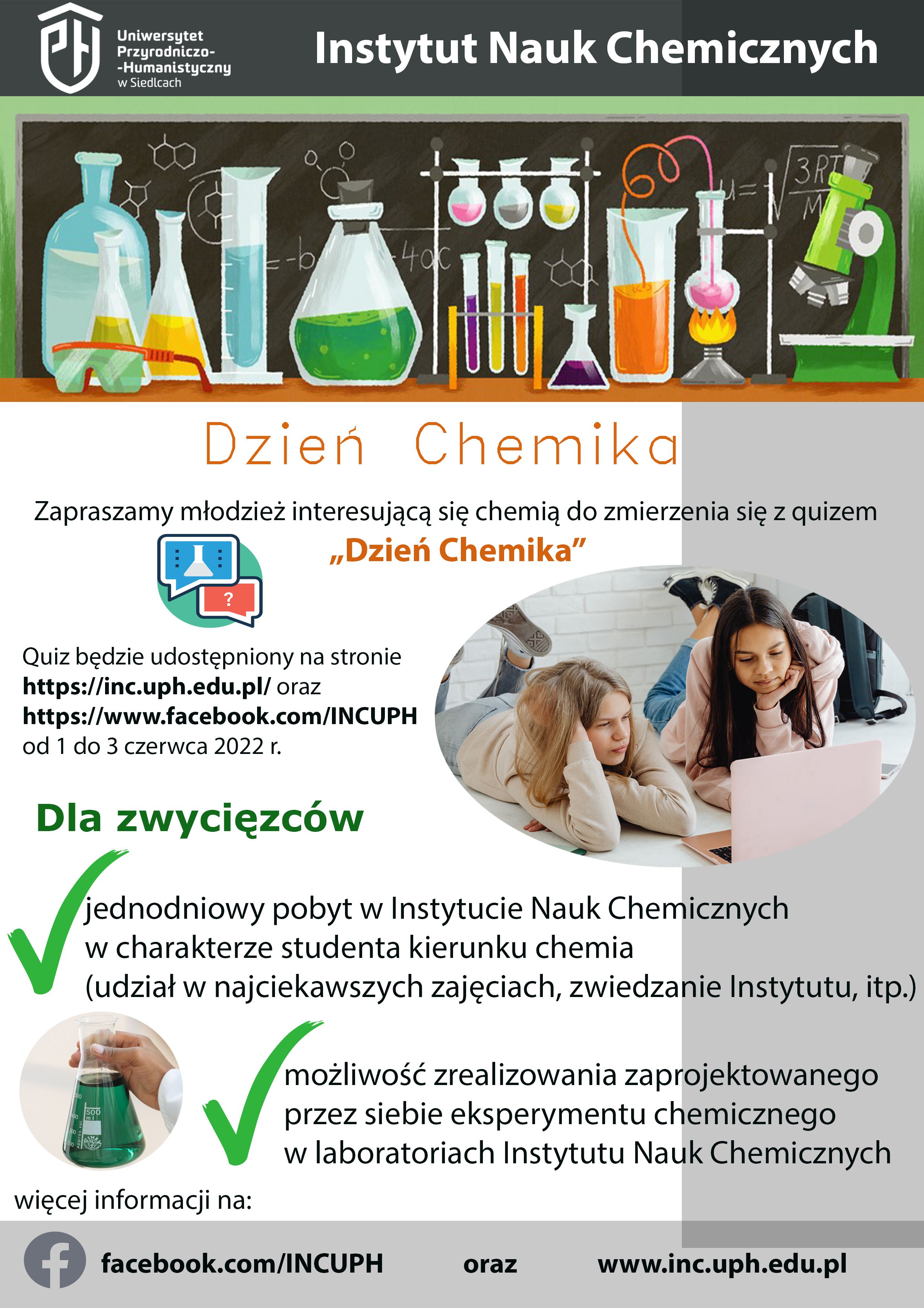 plakat zawiera informacje dotyczące dnia chemika i o quizie, który odbędzie się w dniach 1-3 czerwca 2022 r.