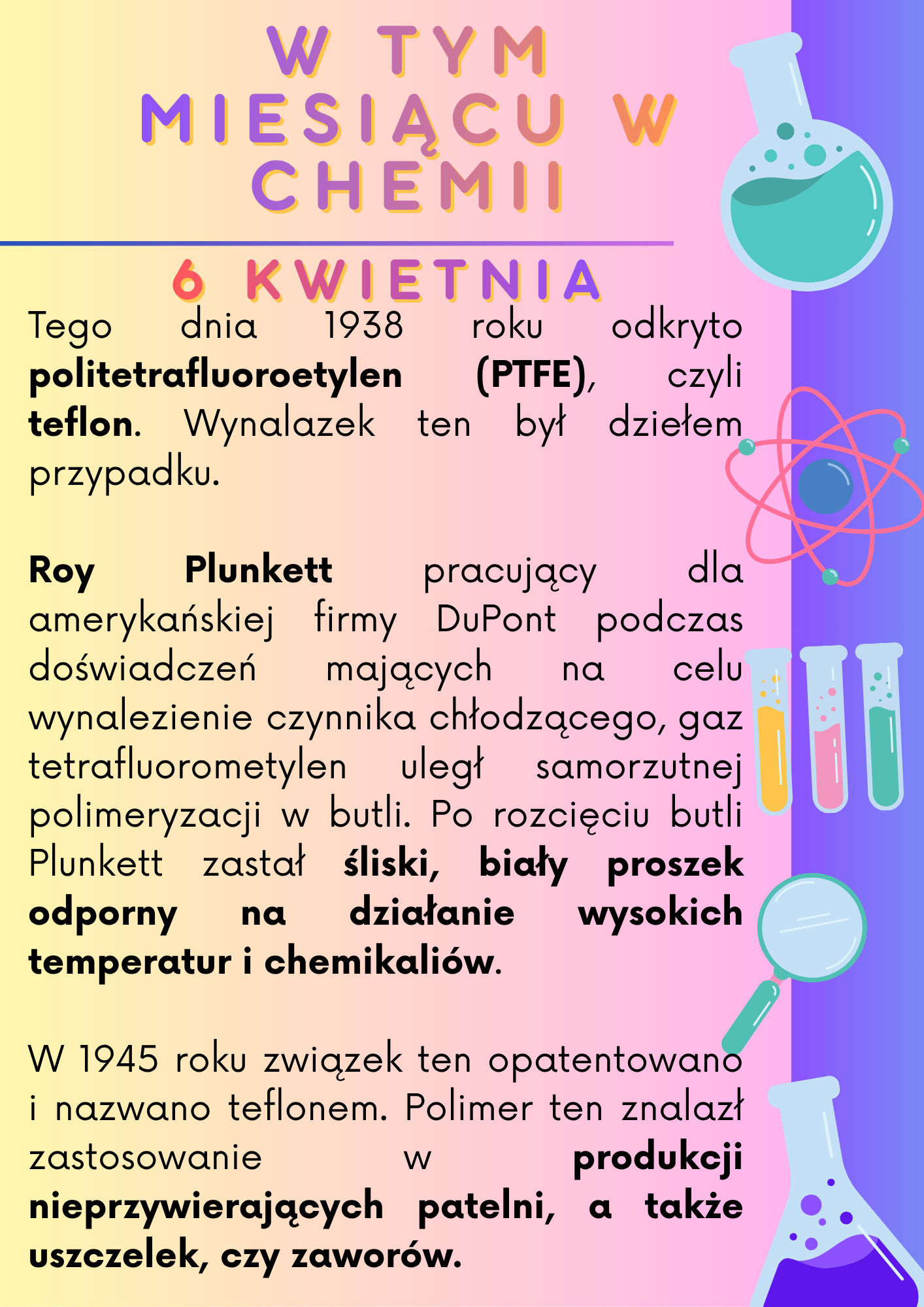 informacja, że 6 kwietnia 1938 r. odkryto politetrafluorometylen (w skrócie PTFE) znany jako teflon.